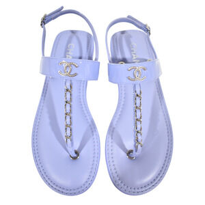 Chanel 22C Purple Patent Silver Chain CC Logo Mule Slide Flat Thong Sandal 37